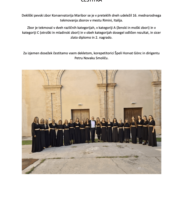 Čestika Dekliškemu pevskemu zboru Konservatorija Maribor