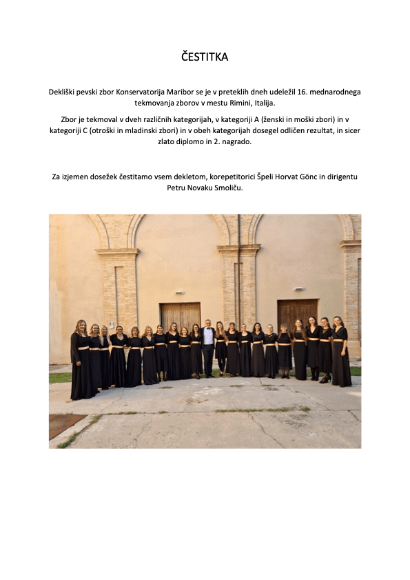 Čestika Dekliškemu pevskemu zboru Konservatorija Maribor
