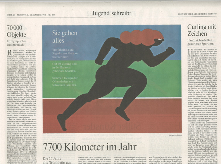 Članek Doroteje Drevenšek (MM1) o naši plavalki Lauri Angleitner Sagadin (3. š) v nemškem časopisu Frankfurter Allgemeine Zeitung 5. 12. 2022