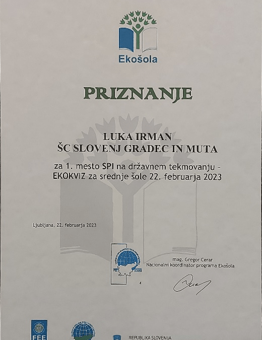 ODLIČEN USPEH DIJAKA NA DRŽAVNEM TEKMOVANJU IZ EKOZNANJA 2023