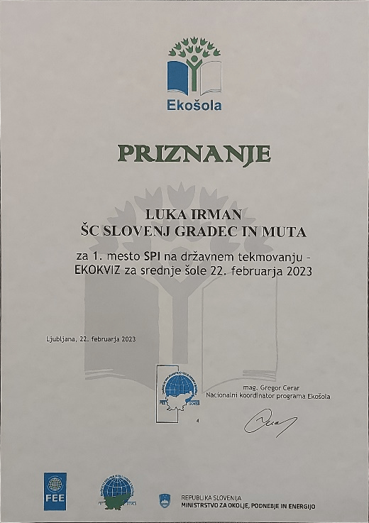 ODLIČEN USPEH DIJAKA NA DRŽAVNEM TEKMOVANJU IZ EKOZNANJA 2023