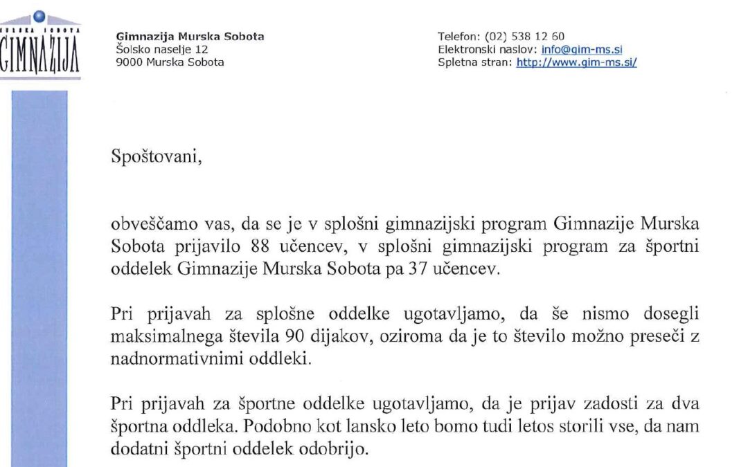 Obvestilo glede vpisa na Gimnazijo Murska Sobota