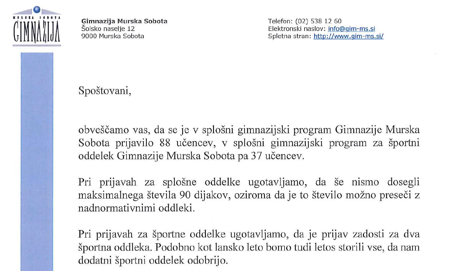 Obvestilo glede vpisa na Gimnazijo Murska Sobota