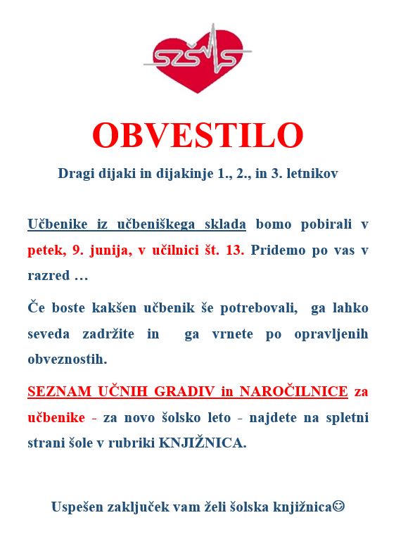 Obvestilo UČBENIŠKI SKLAD Obvestilo UČBENIŠKI SKLAD