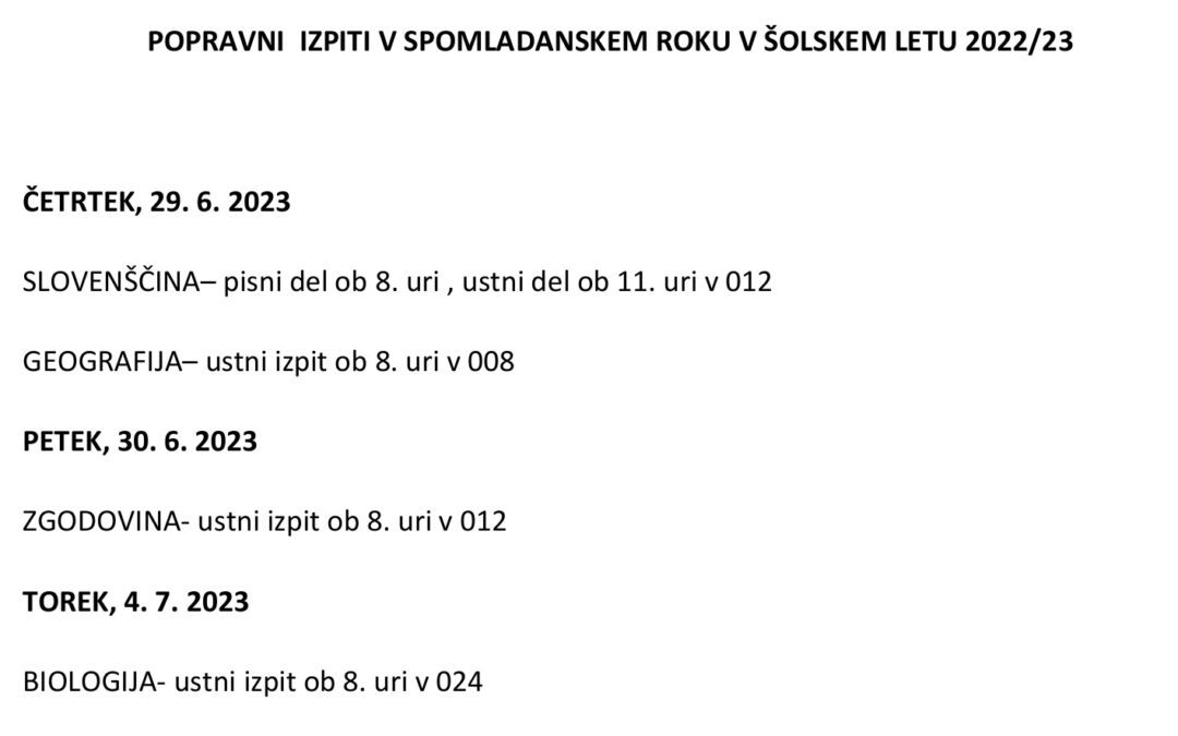POPRAVNI  IZPITI V SPOMLADANSKEM ROKU V ŠOLSKEM LETU 2022/23
