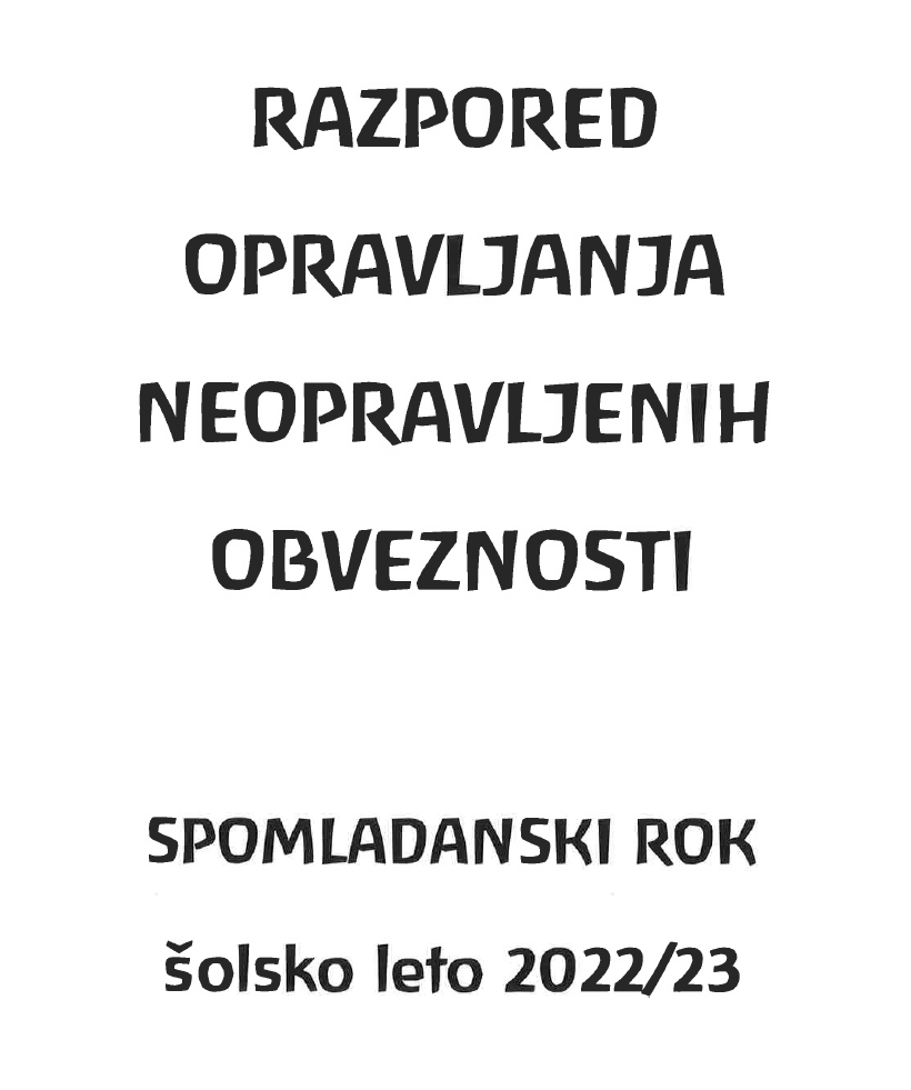 Razpored opravljanja neopravljenih obveznosti za gimnazijo