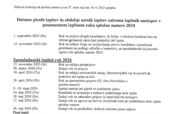 Koledar splošne mature 2024 – obvestilo