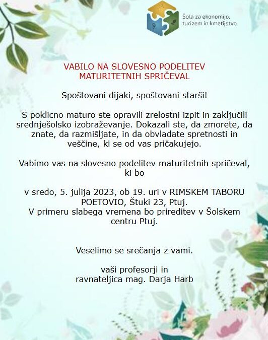 Vabilo na slovesno podelitev spričeval poklicne mature