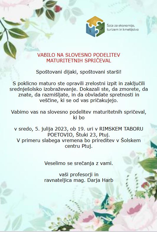 Vabilo na slovesno podelitev spričeval poklicne mature