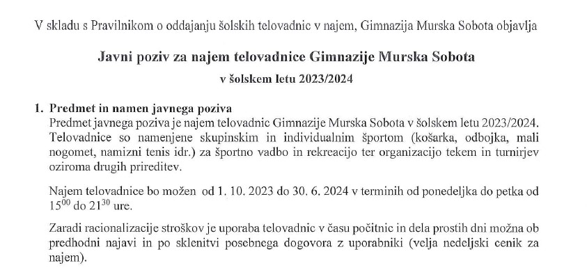 Javni poziv za najem telovadnice Gimnazije Murska Sobota v šolskem letu 2023/2024