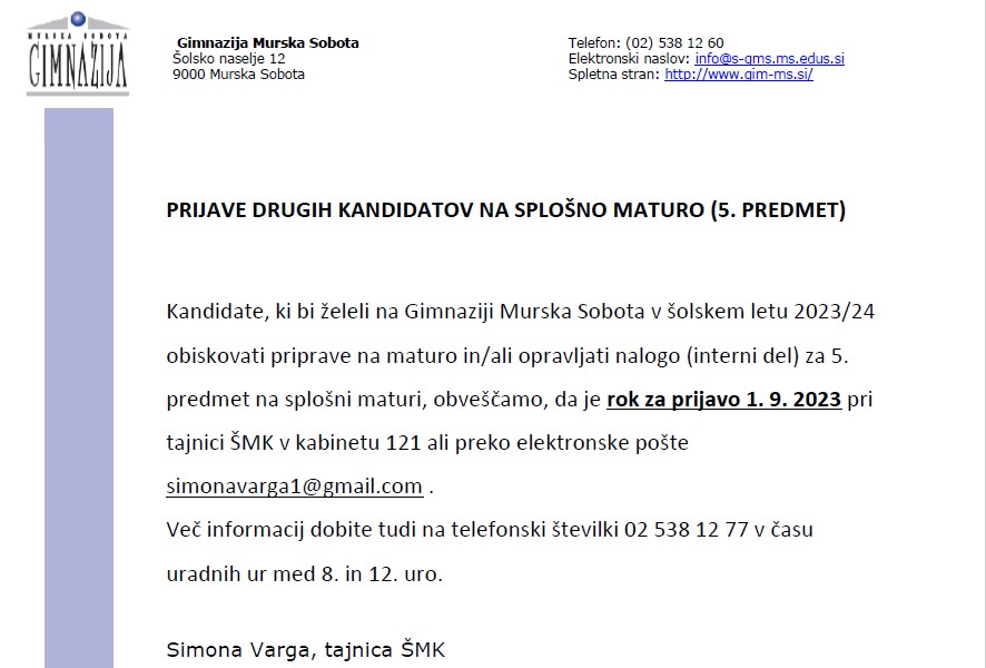PRIJAVE DRUGIH KANDIDATOV NA SPLOŠNO MATURO (5. PREDMET)