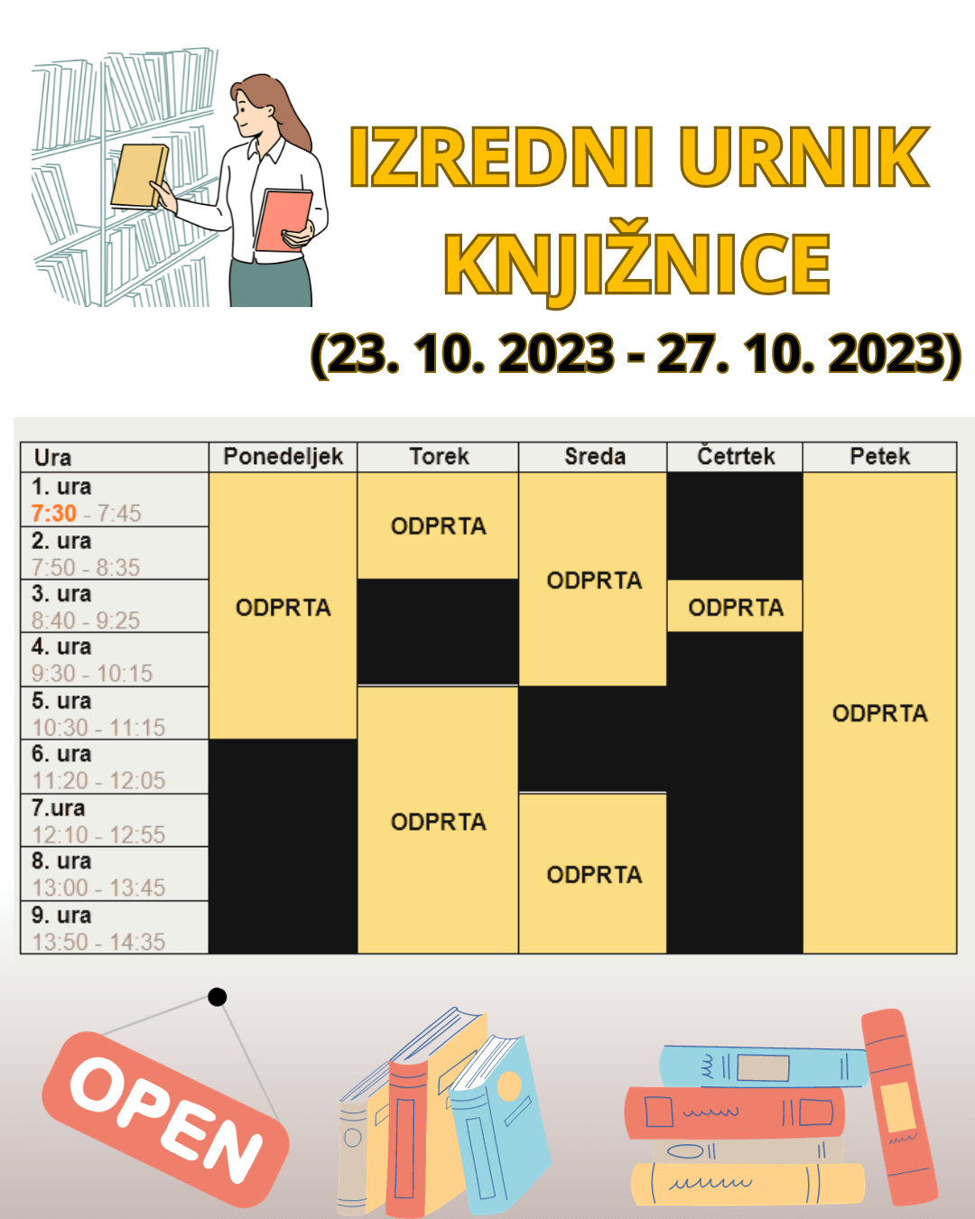 Izredni urnik knjižnice, 23. 10. – 27. 10. 2023