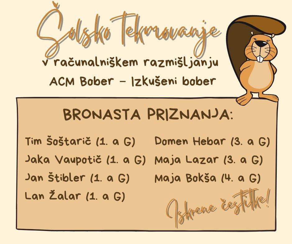 Rezultati šolskega tekmovanja Bober