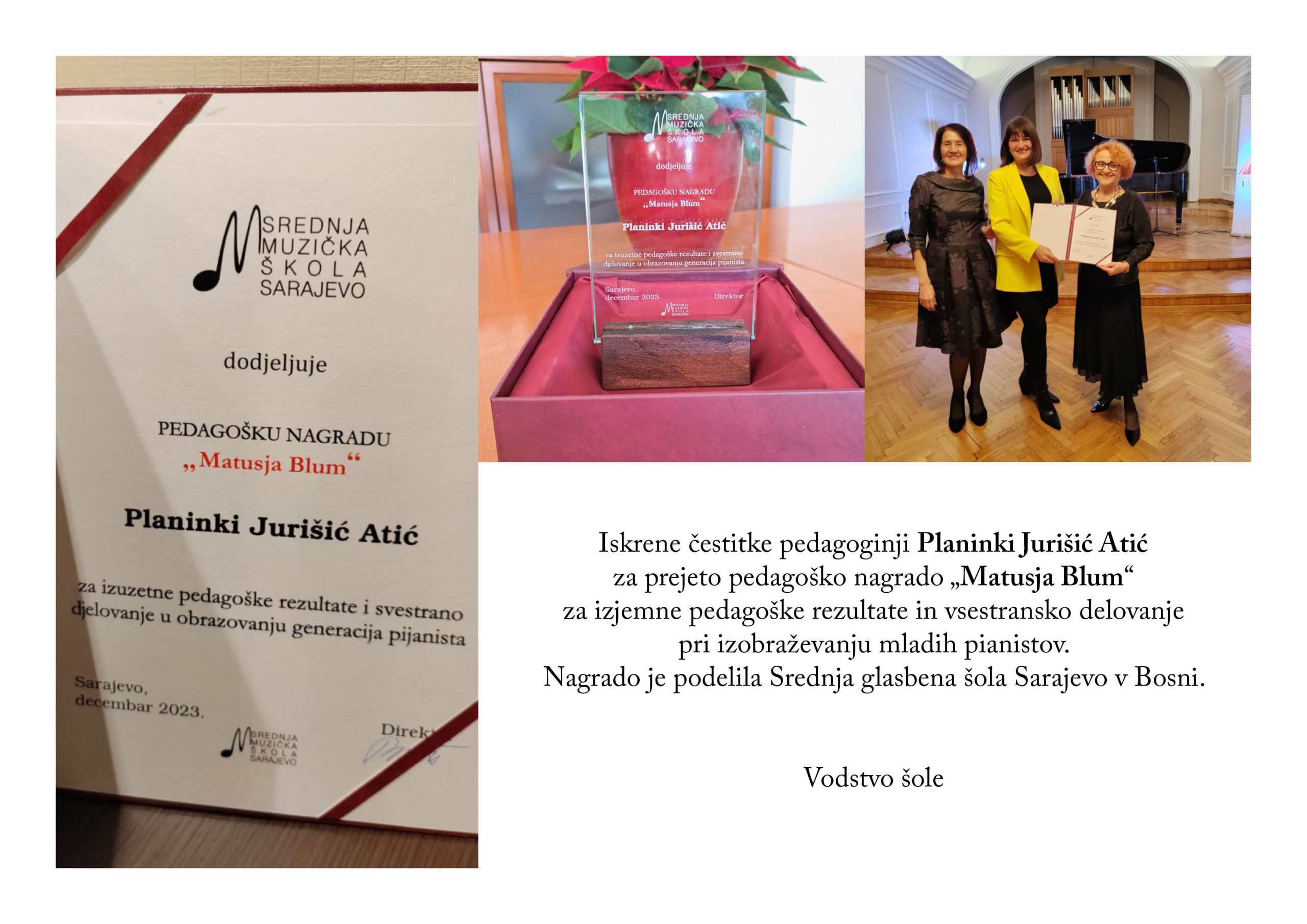 Podelitev nagrade “Matusja Blum” Planinki Jurišić Atić Podelitev nagrade “Matusja Blum” Planinki Jurišić Atić