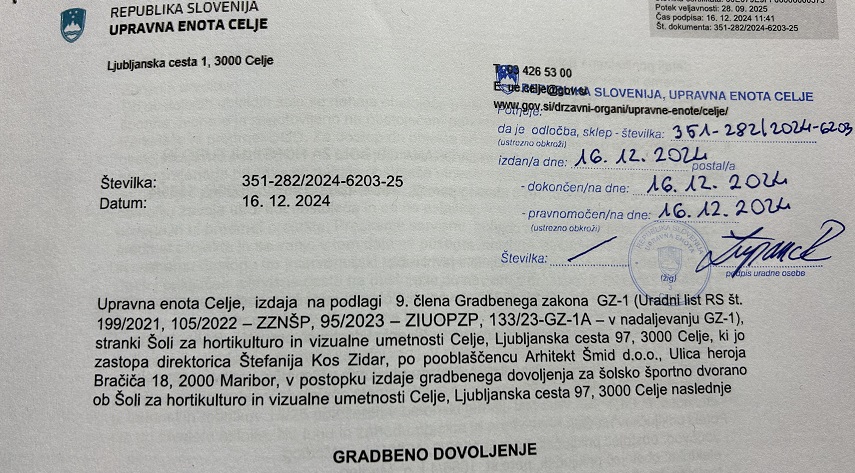 Telovadnica – pridobljeno gradbeno dovoljenje