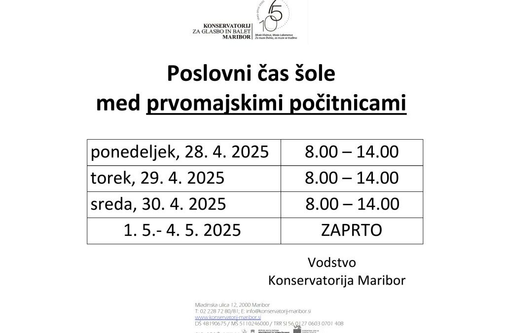 Poslovni čas šole med prvomajskimi počitnicami