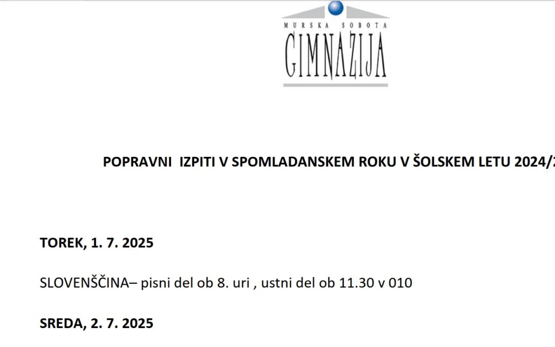 Popravni izpiti v spomladanskem roku v šolskem letu 2024/2025