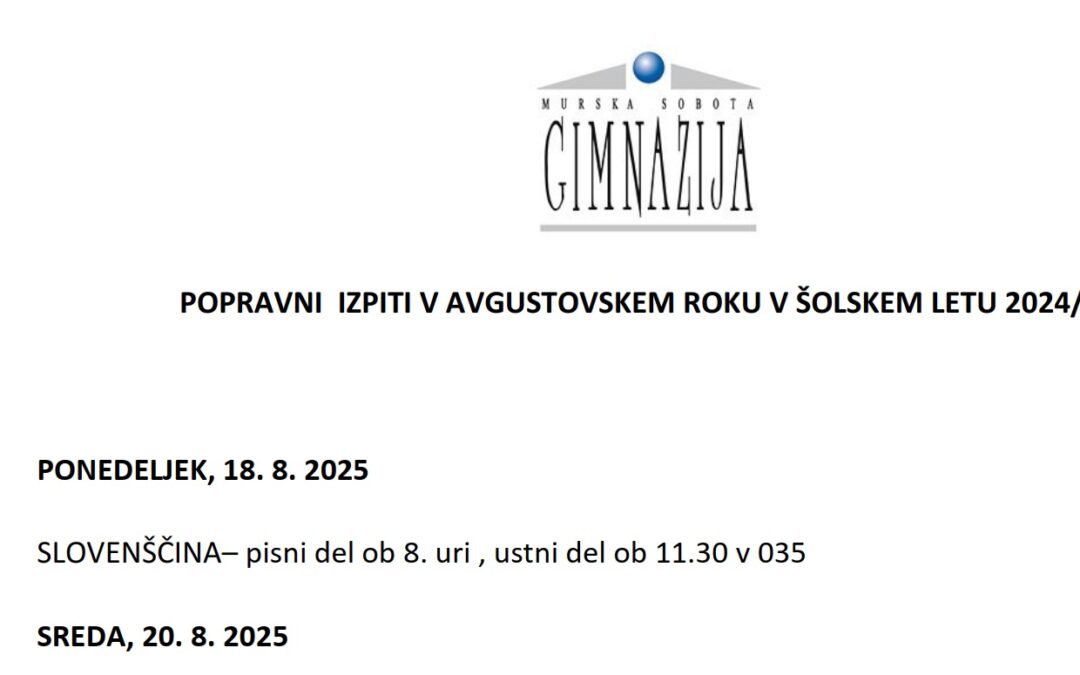 Popravni izpiti v avgustovskem roku v šolskem letu 2024/2025