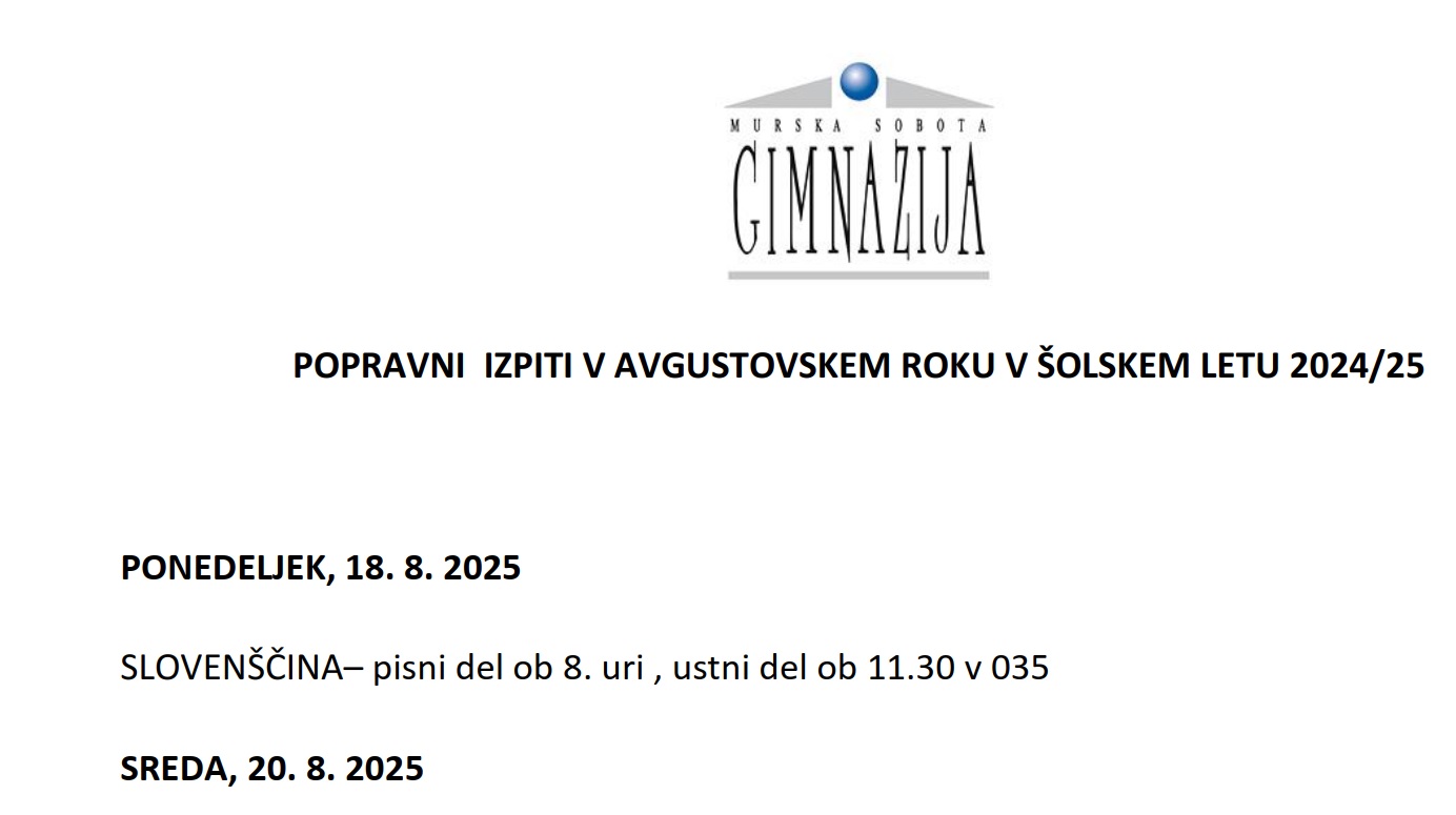 Popravni izpiti v avgustovskem roku v šolskem letu 2024/2025