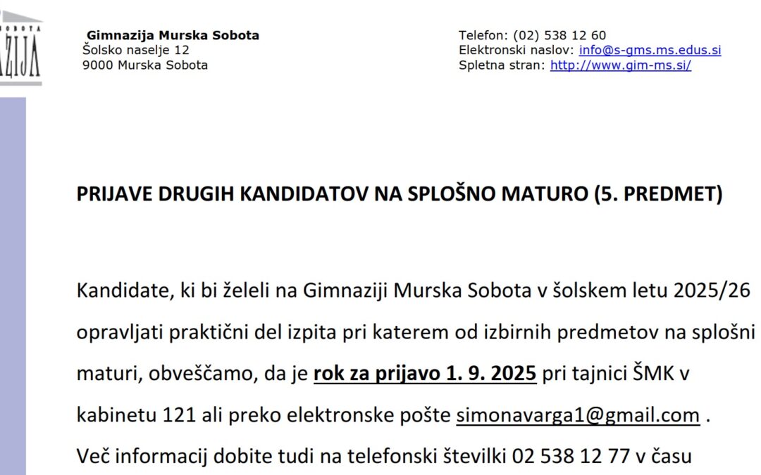 Prijave drugih kandidatov na splošno maturo (5. predmet)