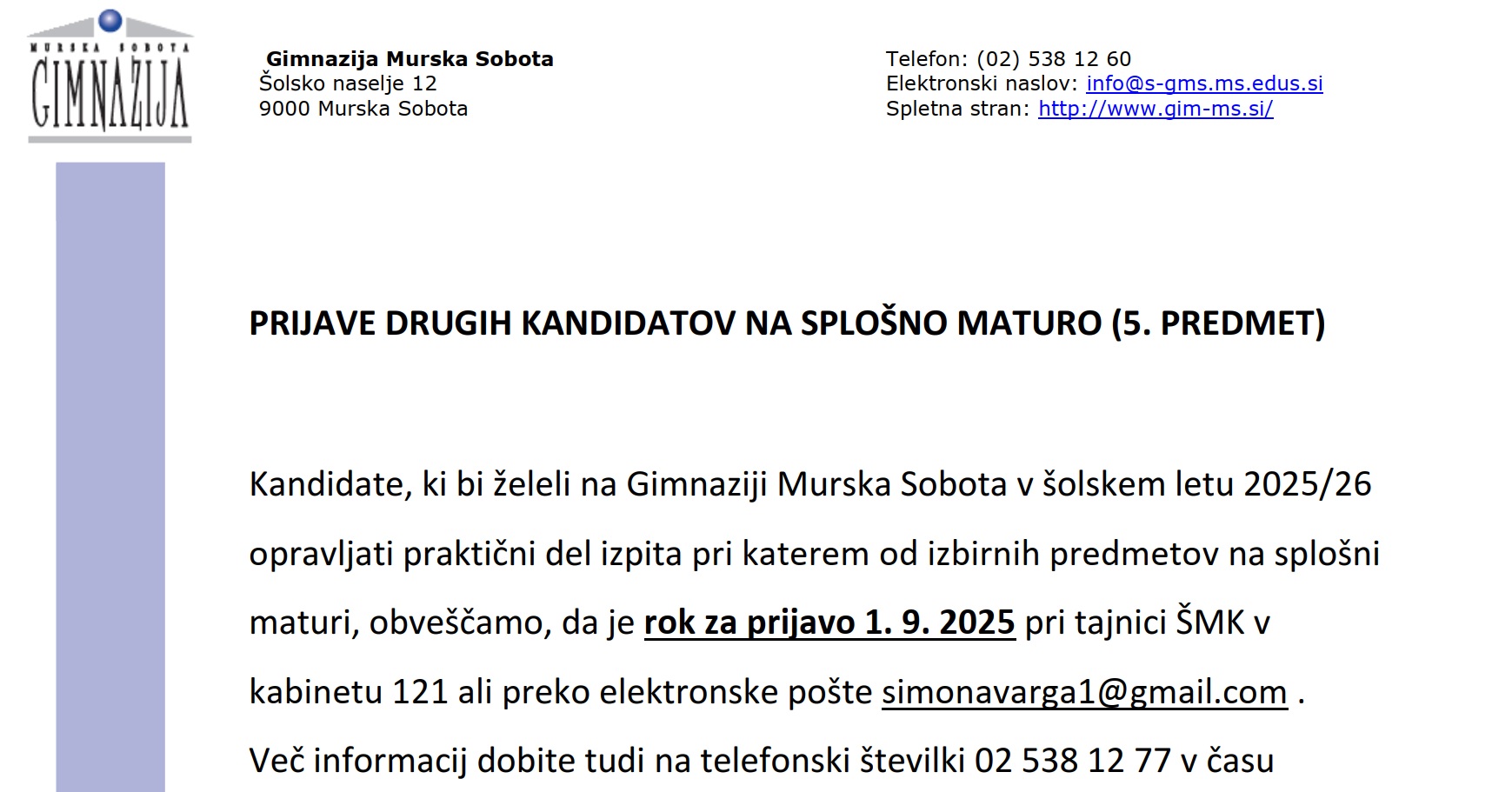 Prijave drugih kandidatov na splošno maturo (5. predmet)