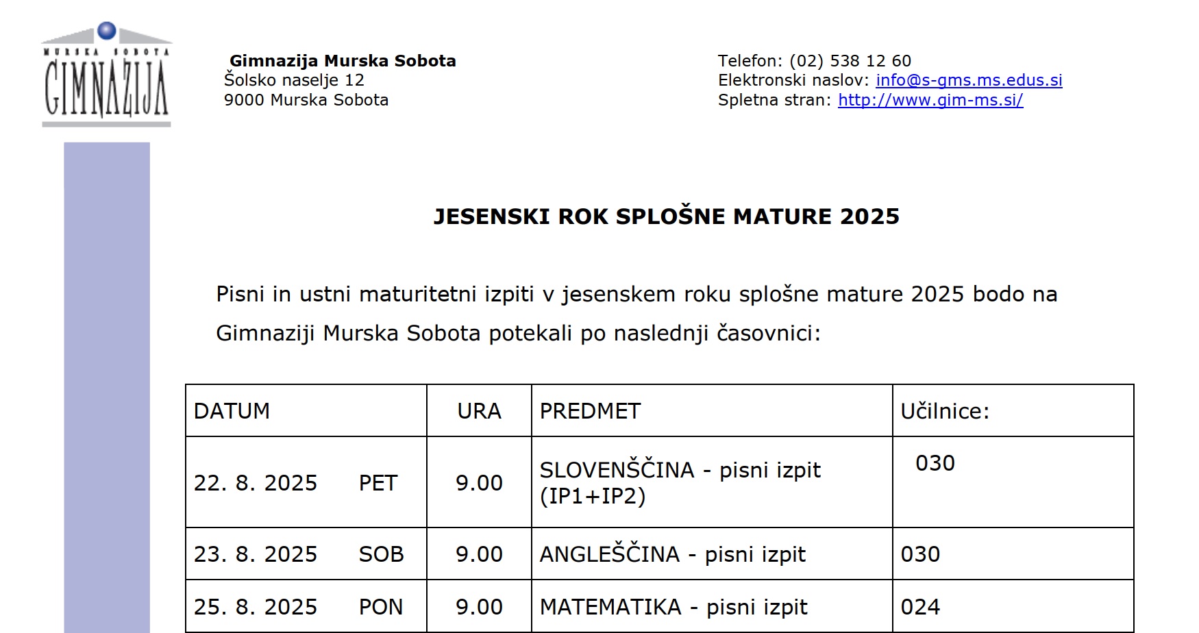 Jesenski rok splošne mature 2025 Jesenski rok splošne mature 2025