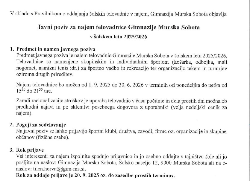 Javni poziv za najem telovadnice Gimnazije Murska Sobota v šolskem letu 2025/2026