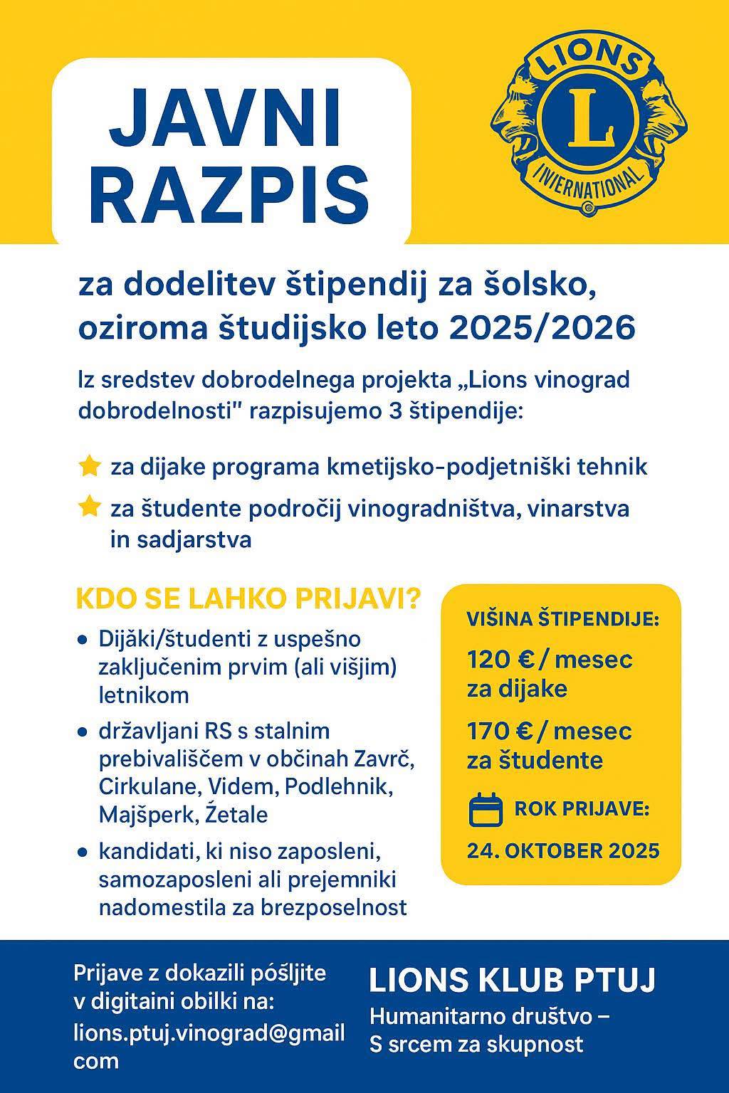 Javni razpis štipendij za šolsko oz. študijsko leto 25/26 Javni razpis štipendij za šolsko oz. študijsko leto 25/26
