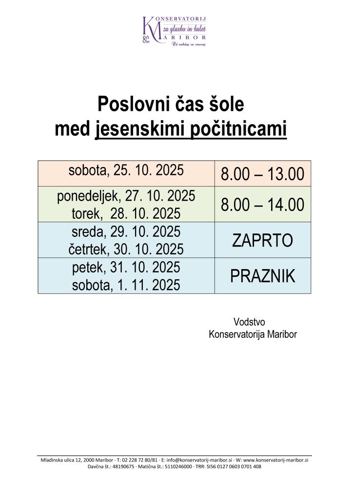 Poslovni čas šole med jesenskimi počitnicami Poslovni čas šole med jesenskimi počitnicami