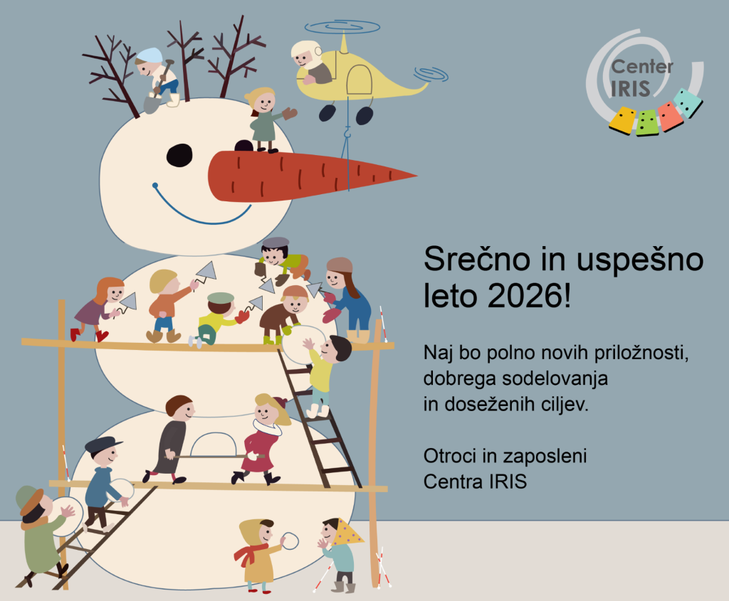 Risba na voščilnici: Otroci in odrasli gradijo velikanskega snežaka. Po lestvi se vzpenjajo na gradbeni oder, nekateri prinašajo snežene kepe, drugi gladijo površino snežaka z lopatkami. Bele palice so prislonjene ob steber gradbenega odra. Helikopter je pripeljal velik korenček za snežakov nos.