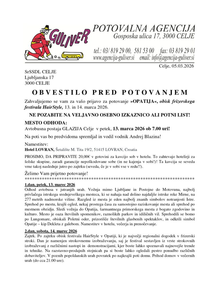 Obvestilo pred potovanjem v Opatijo