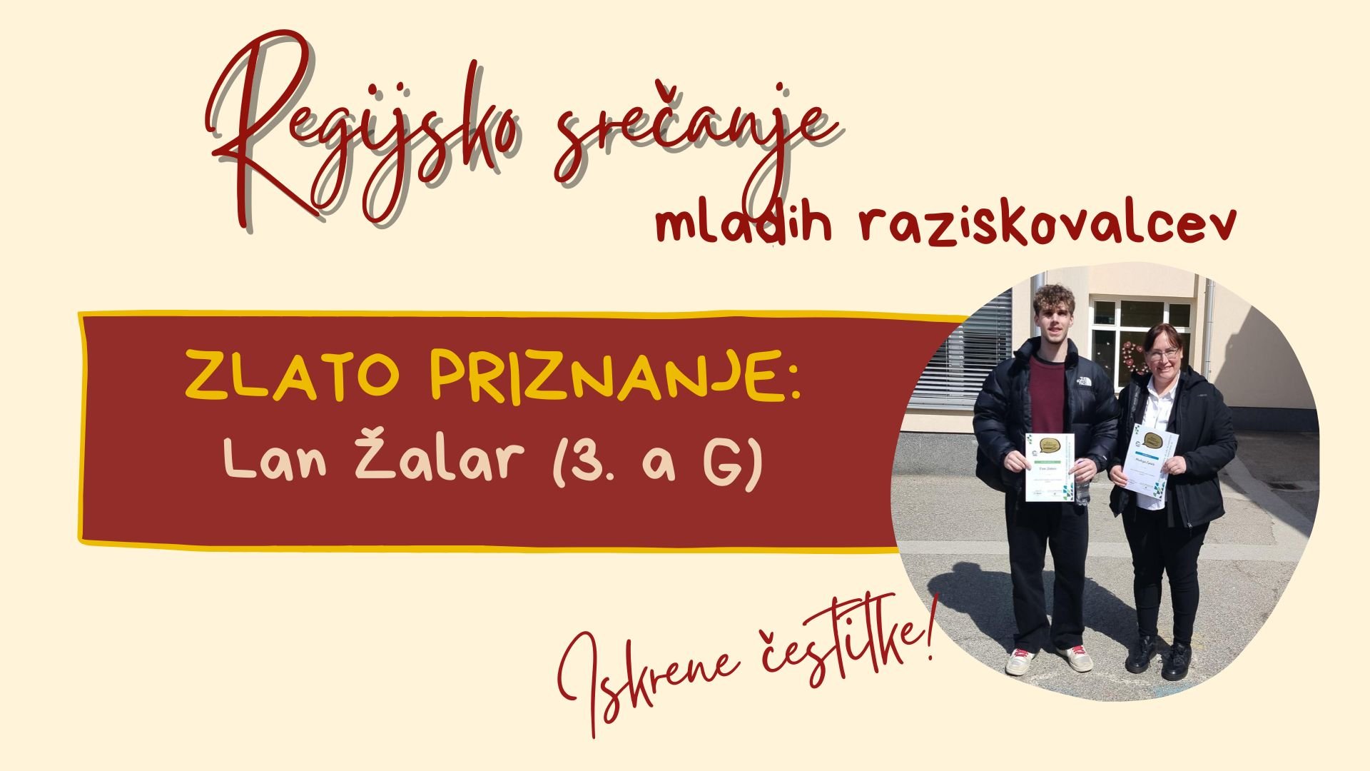 Zlato priznanje na regijskem tekmovanju mladih raziskovalcev Zlato priznanje na regijskem tekmovanju mladih raziskovalcev