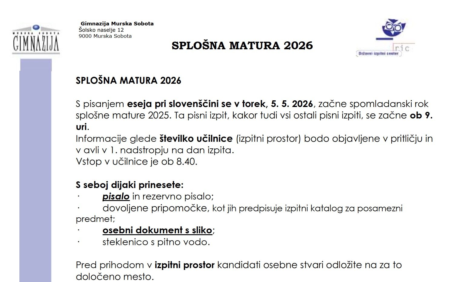 Splošna matura 2026 – esej pri slovenščini Splošna matura 2026 – esej pri slovenščini