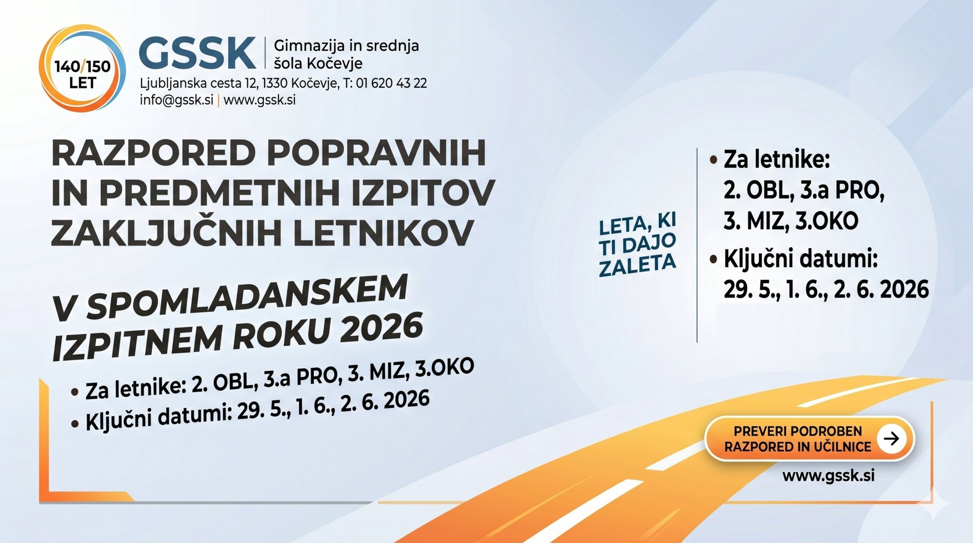 Razpored popravnih in predmetnih izpitov za spomladanski izpitni rok 2026