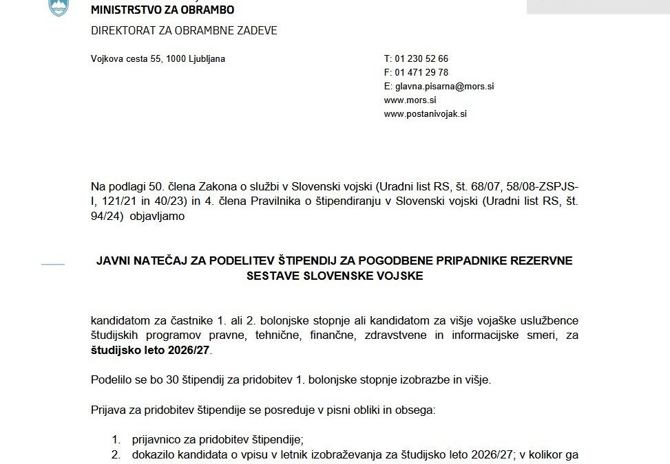 Javni natečaji za štipendiranje v Slovenski vojski