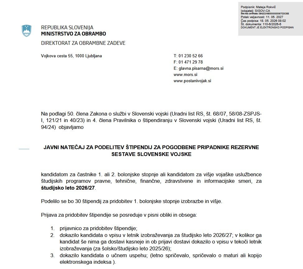 Javni natečaji za štipendiranje v Slovenski vojski